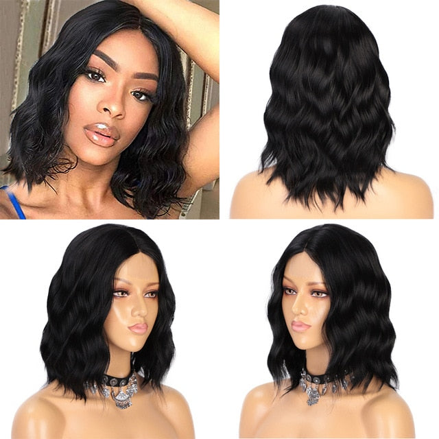 14inches Short Natural Wave Bob Wig Middle Part Black Wig Heat Resistant Wavy Synthetic Wigs for Black Women