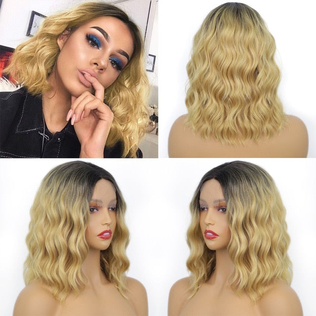 14inches Short Natural Wave Bob Wig Middle Part Black Wig Heat Resistant Wavy Synthetic Wigs for Black Women