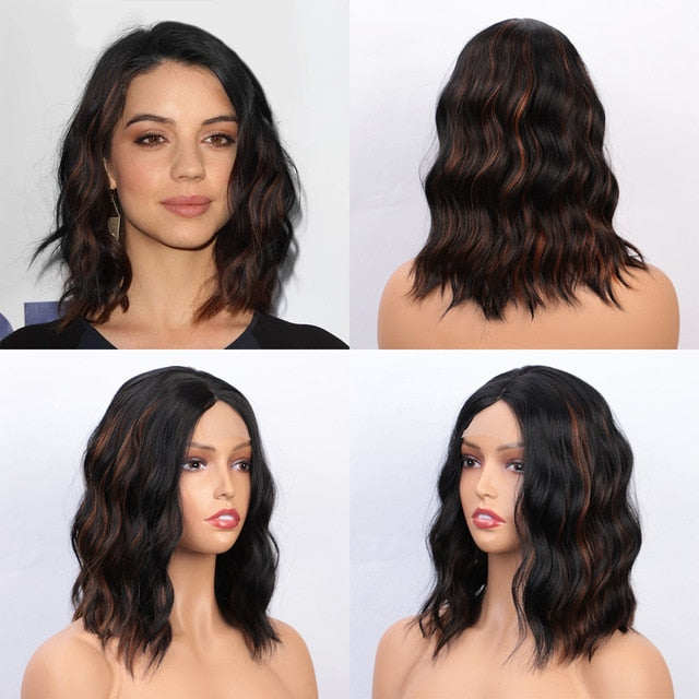 14inches Short Natural Wave Bob Wig Middle Part Black Wig Heat Resistant Wavy Synthetic Wigs for Black Women