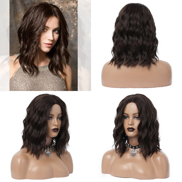 14inches Short Natural Wave Bob Wig Middle Part Black Wig Heat Resistant Wavy Synthetic Wigs for Black Women