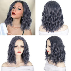 14inches Short Natural Wave Bob Wig Middle Part Black Wig Heat Resistant Wavy Synthetic Wigs for Black Women