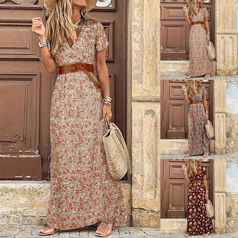 Womens Long Dress Summer V-neck Boho Belted Maxi Dress Casual Sexy Party Dress Ladies Bohemian Beach Holiday Sundress