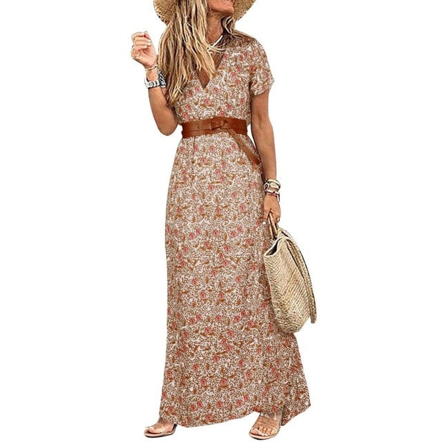 Womens Long Dress Summer V-neck Boho Belted Maxi Dress Casual Sexy Party Dress Ladies Bohemian Beach Holiday Sundress