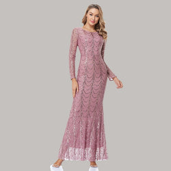 Sequins See Though Women Maxi Dresses Elegant Long Sleeve Female Party Dresses Black Silver Pink