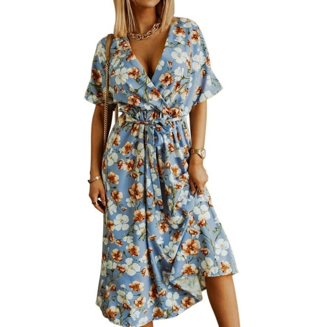 Womens Long Dress Summer V-neck Boho Belted Maxi Dress Casual Sexy Party Dress Ladies Bohemian Beach Holiday Sundress