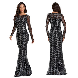 Sequins See Though Women Maxi Dresses Elegant Long Sleeve Female Party Dresses Black Silver Pink