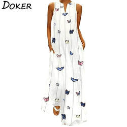 Summer Plus Size Bohemian Print Maxi Dress Women Daily Casual Sleeveless Striped Butterfly Print Loose Beach Dress With Pocket