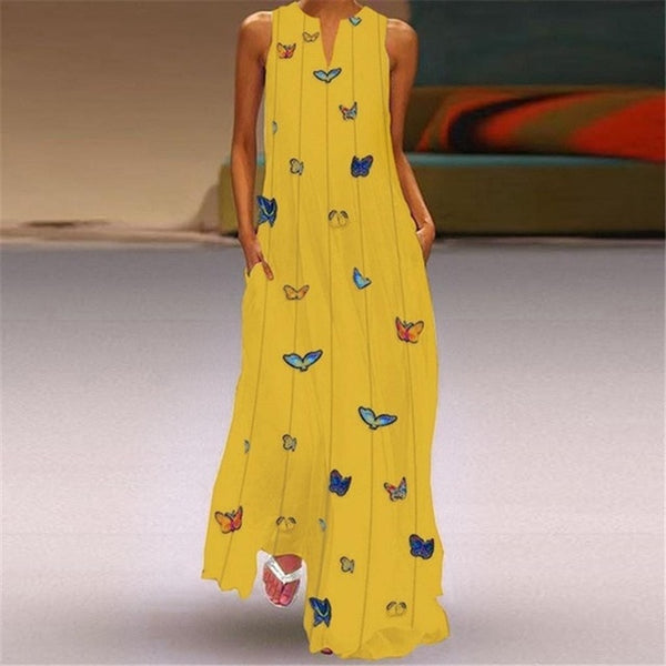 Summer Plus Size Bohemian Print Maxi Dress Women Daily Casual Sleeveless Striped Butterfly Print Loose Beach Dress With Pocket